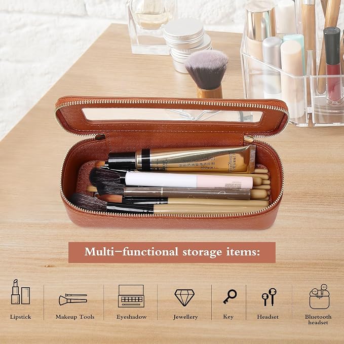 Pinkmik Makeup Brush Case, Brown, Slim | Clear Travel Cosmetic & Toiletry Bag, Small with Zipper, Purse Organizer, Car Essential Bag for Women - Image 4