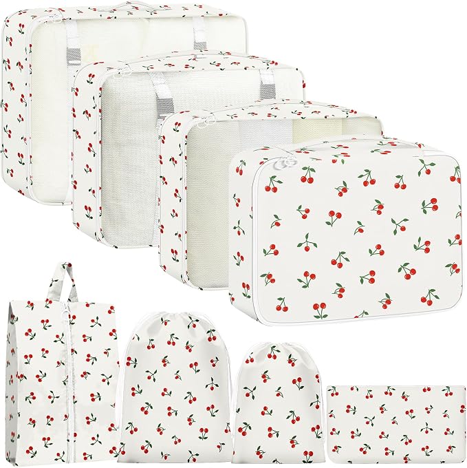 Packing Cubes for Travel - 8 Set Luggage Organizer Bags for Family, Mesh Breathable Packing Cubes for Suitcases Durable Travel Essentials Bags Set (White Cherry) by YEEYAA