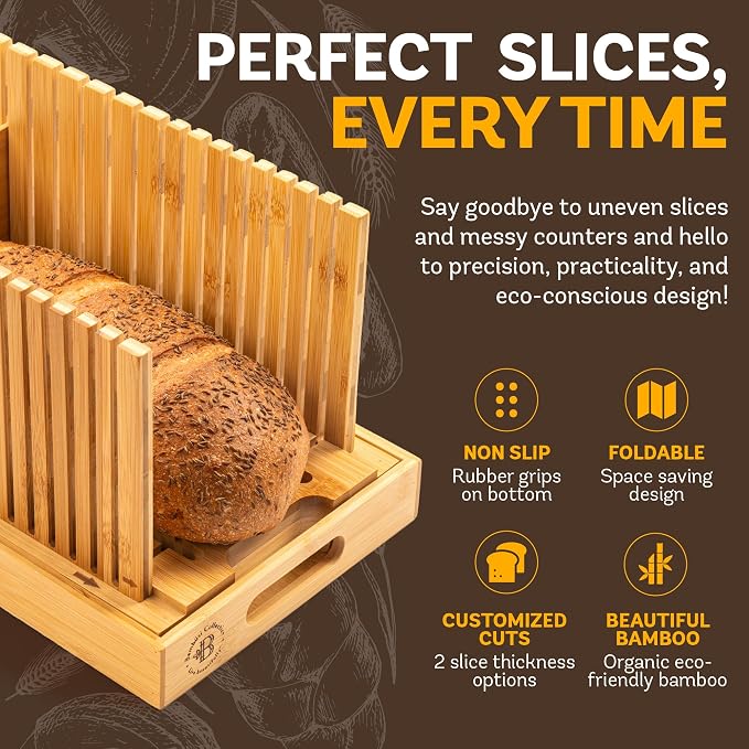 Bambüsi Bread Slicer for Homemade Bread - Upgraded Adjustable Bamboo Bread Cutter Board, Foldable Slicing Guide with Crumb Tray for Sourdough, Artisan Loaves, Bagels, Cakes, Bakery Kitchen Gadget Gift - Image 3