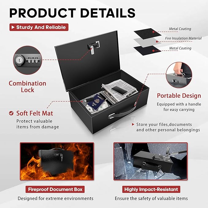 YIYITOOLS Fireproof Lock Box with Key and Combination Lock, Fire Safe Document Box, Portable Fireproof Waterproof Safe for Home,Office,Travel, Secure Storage for Documents,Jewelry,Passport,Cash - Image 2