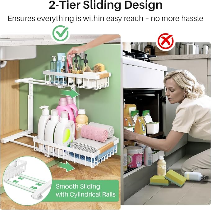 Kitstorack Under Sink Organizer, 2 Tier Under the Sink Storage, Slide out Pull out Cabinet Organizer Shelf, Metal Sliding Drawer for Kitchen Bathroom Pantry Closet Organization Rack, White, 1 Pack - Image 6