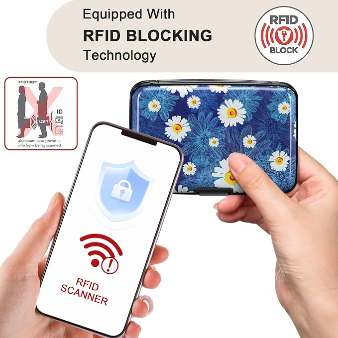 Mini RFID Aluminum Wallet Credit Cards Holder Business Card Case Metal ID Case for Men Women(White Flower) - Image 2