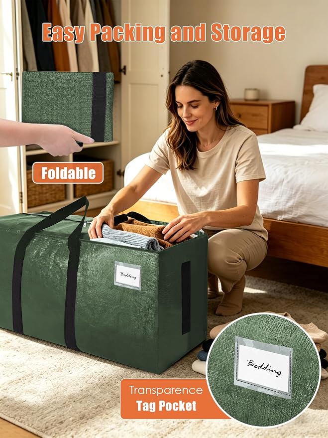 SWEET DOLPHIN 12 Pack 200LB Heavy-Duty Moving Bags with Wrap-Around Handles, Extra Large Storage Totes for Space Saving, Clothes Storage Bags, College Dorm Essentials, Green, 24 Gal - Image 3