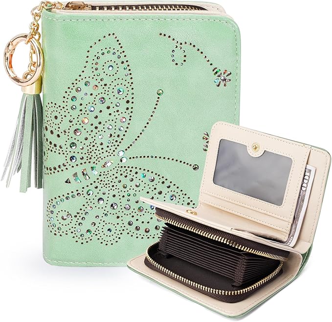 KITEVIUN Women RFID Blocking Small Bifold Wallet, Compact Cash Clutch with Zipper Coin Pocket, Glittery Butterfly Design, Credit Card Holder, Travel Purse with Tassel PEPPERMINT-GREEN by KITEVIUN