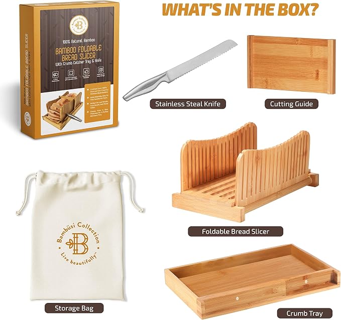 Bambüsi Bread Slicer for Homemade Bread with Knife Sourdough Cutter, Bamboo | Folds Flat for Compact Storage, 3-Thickness Slice Options, Serrated Steel Knife, Manual, Fits Loaves, Bagels, Sourdough, Cake - Image 8
