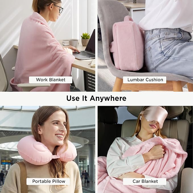 Bedsure Travel Blanket Set with Inflatable Neck Pillow and Eye Mask - Lightweight 3-in-1 Airplane Packable Blanket, Compact Travel Essentials, Pink - Image 7