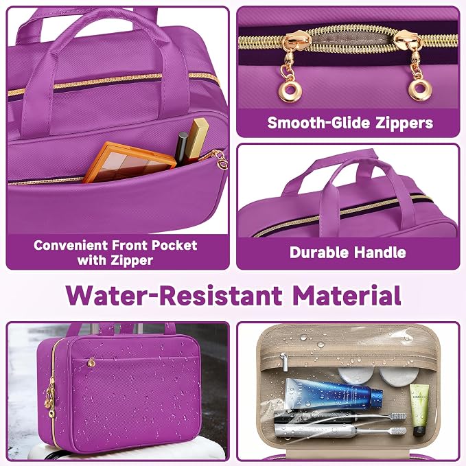 Travel Toiletry Bag for Women, Hanging Makeup Organizer Clear Pockets | Large Hanging Travel Organizer with Compartments, Front Pocket, Fits Full-Size Skincare, Makeup & Toiletries(Purple, Medium) - Image 5
