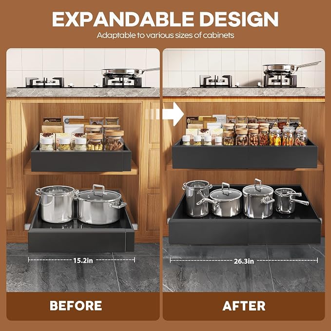 Seinloes 2 Pack Expandable Pull Out Cabinet Organizer 21"Deep With Raising Pad for Framed Cabinets,Upgrade 3 Slide Rails Slide Out Drawers,Roll Out Shelves Adhesive,Adjustable Width 15.15"-26.3" Black - Image 3