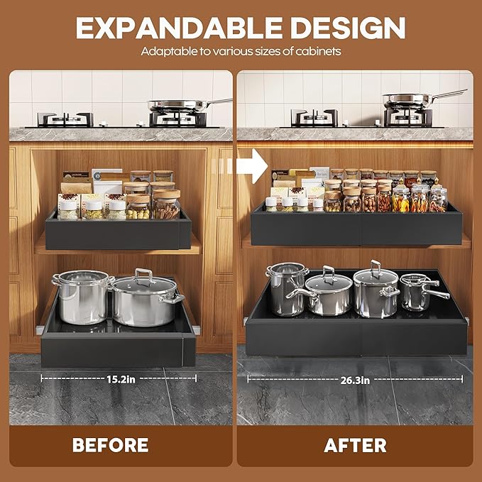 Seinloes 4 Pack Expandable Pull Out Cabinet Organizer 21"Deep With Raising Pad for Framed Cabinets,Upgrade 3 Slide Rails Slide Out Drawers,Roll Out Shelves Adhesive,Adjustable Width 15.15"-26.3" Black - Image 3