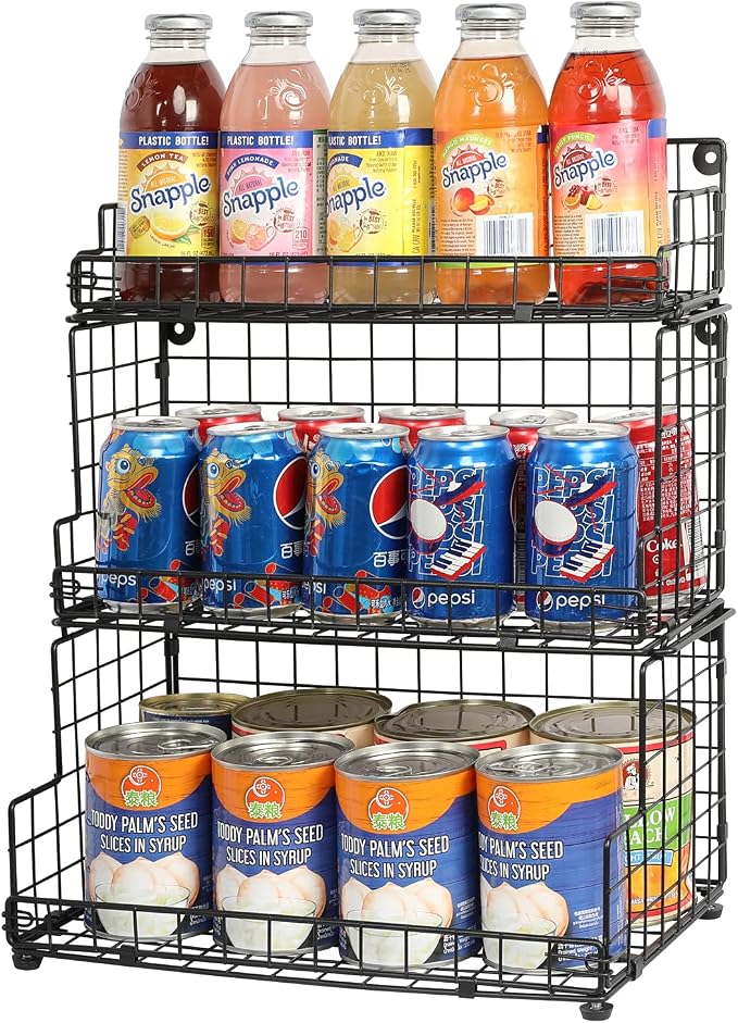 X-cosrack Stackable Wire Basket 3 Tier Countertop& Wall Mounted Metal Storage Basket for Kitchen Pantry Cabinet, Muti-functional Open Front Bin Organizer for Food Fruit Snack, Black - Image 4