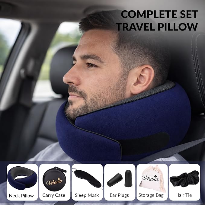 Travel Neck Pillow,Ergonomic 360° Memory Foam Support for Head, Neck. Adjustable for Long Flights. Soft &Washable Cover, EVA Box, 3D Eye Mask, Earplugs, Hair Tie & Luxury Bag (Dark Blue) - Image 4