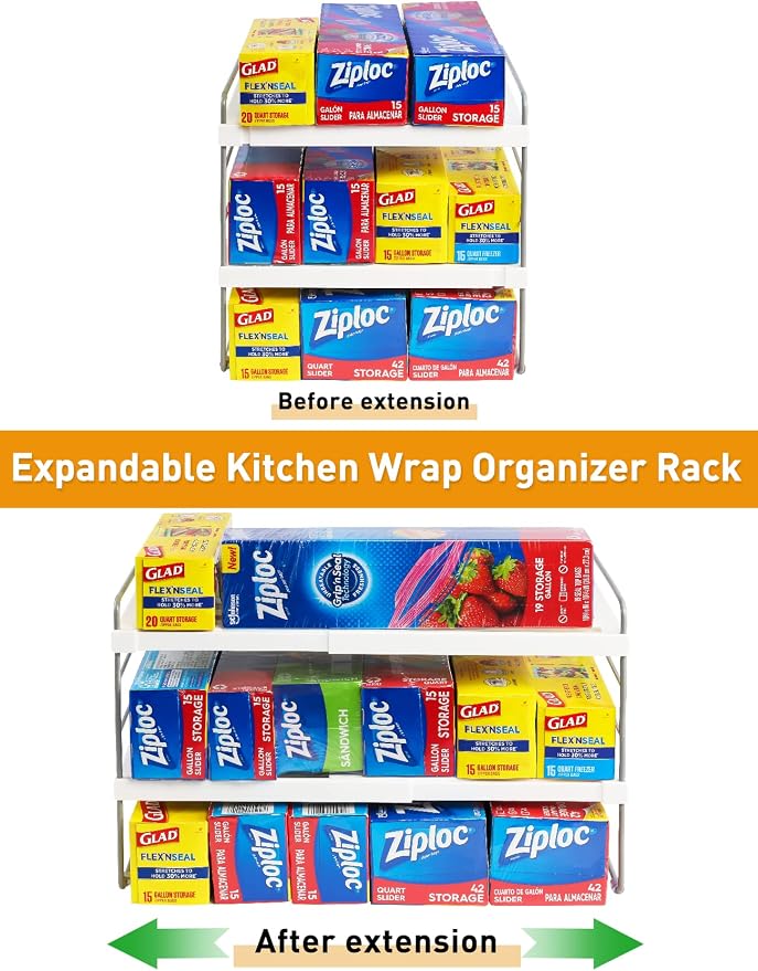 2 Pack Pantry Organization and Storage, Expandable Foil and Plastic Wrap Organizer, Adjustable Kitchen Wrap Organizer Rack for Cabinet, Foil Saran Wrap Holder Shelf for Sandwich Plastic Bags Box, - Image 6