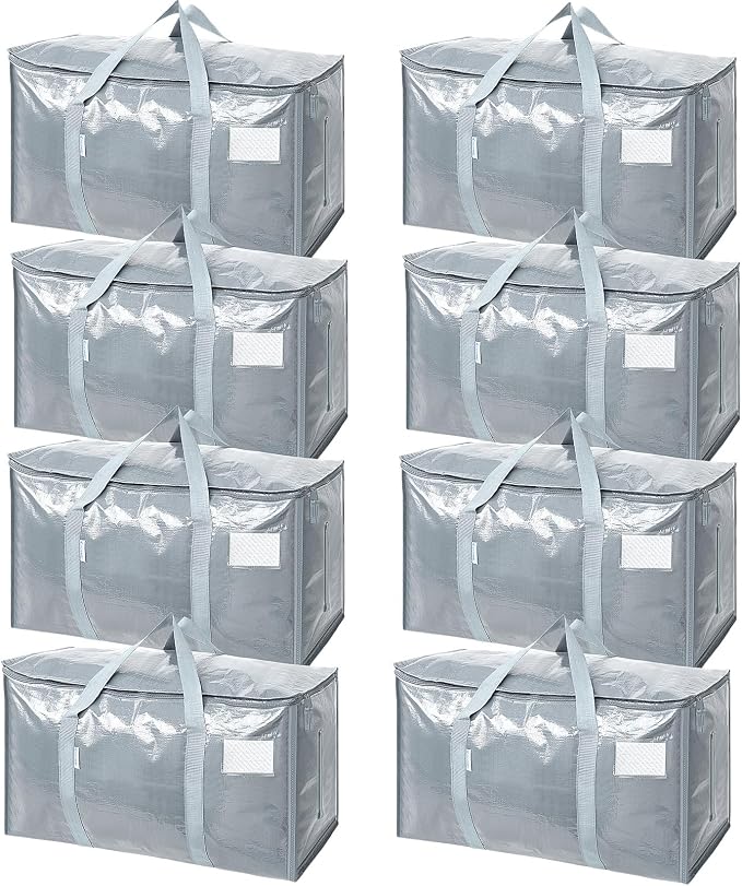 TICONN 8 Pack Extra Large Moving Bags Heavy Duty with Zippers & Carrying Handles, Durable Storage Bags Moving Boxes for Closet Organizers and Storage (8 Pack, Light Grey) by TICONN
