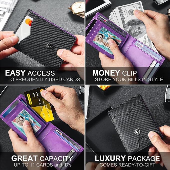 GSOIAX Slim Wallet for Men Rfid Blocking Leather Bifold Front Pocket Carbon Fiber Men's Money Clips Credit Card Holder With Gift Box - Image 5