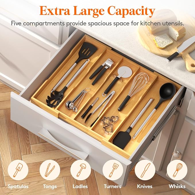 Lifewit Utensil Drawer Organizer, Expandable Kitchen Tool Tray | Wood Adjustable Flatware and Spatula Storage Divider, 11-19.7 x 17 x 1.8“, Natural - Image 5