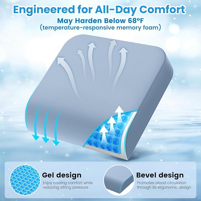 Wheelchair Seat Cushion for Pressure Relief, Cooling Gel Memory Foam Chair Cushion with Slope-Edge Design, Coccyx Support for Tailbone Pain, Non-Slip, for Wheelchairs, Office Chairs, Light Blue - Image 6