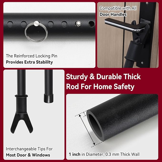 Door Security Bar, Heavy Duty Sliding Glass Door Security Bar for Front Door, 3-in-1 Adjustable Door Barricade from Inside, Door Stoppers with Lock Pin for Home Apartment Safety Protection, Black - Image 4