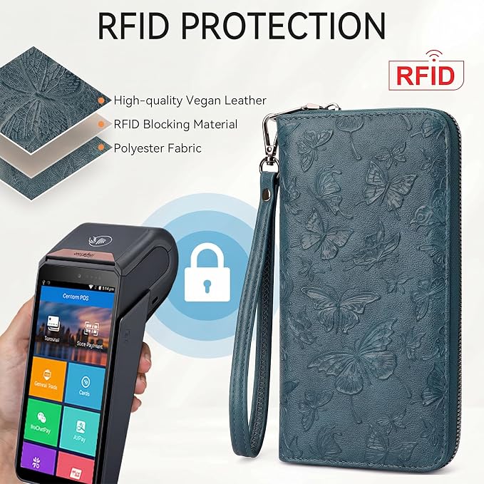 BELTANA Wallet Women RFID Blocking Large Capacity Wristlet Wallets for Women Butterfly Embossed Vegan Leather Clutch Purses with Card & Passport Holder (Peacock-Blue-Butterfly) - Image 4