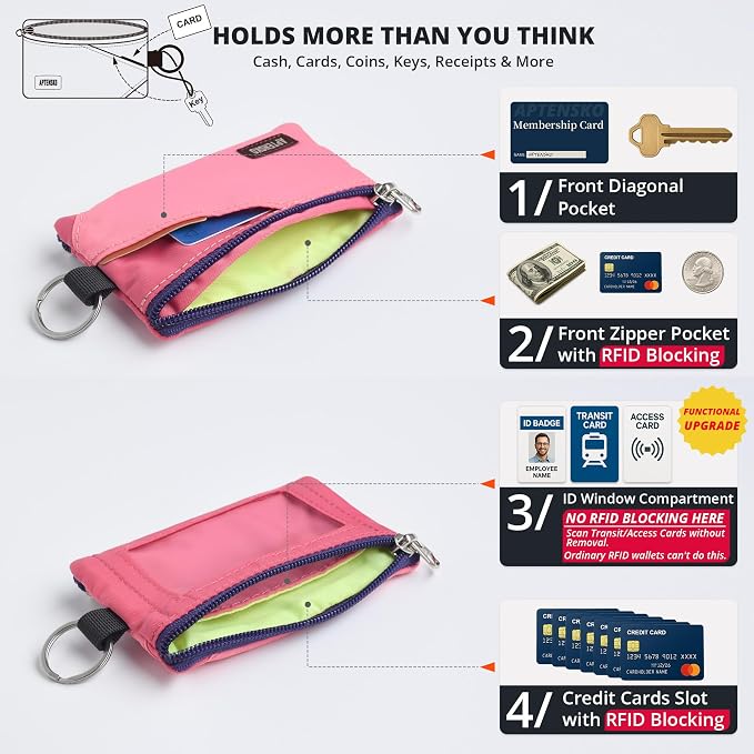 RFID Blocking Travel Wallet with Adjustable Lanyard, Small Nylon Zipper Pouch and Badge Holder for ID, Credit Cards, Cash, Keys, Commuters (Pink+RosePink) - Image 6