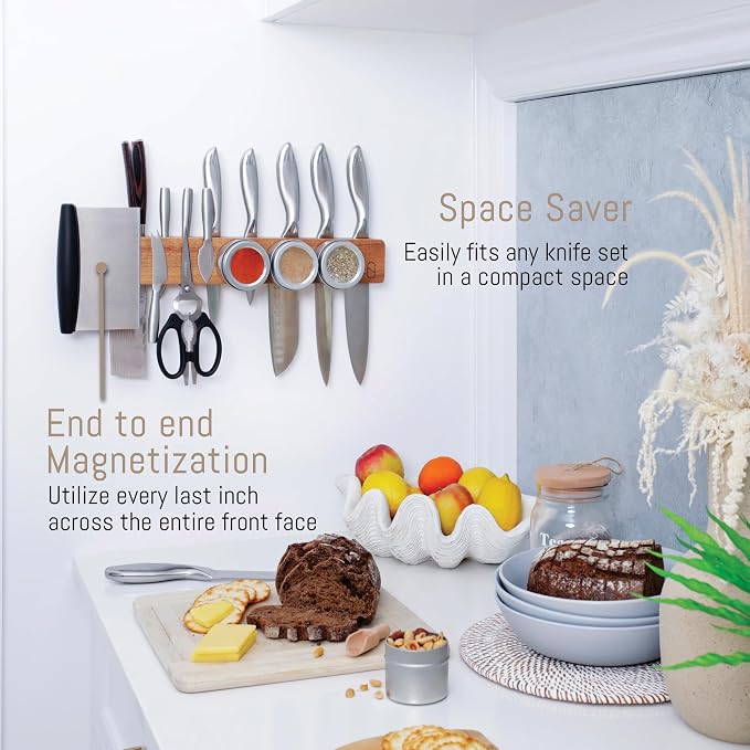 Premium 10 inch Magnetic Knife Holder for Wall with 2x Storage & Charming Wood - Knife Magnetic Strip, Under Cabinet Magnet Knives Storage - Magnet Strip Rack Kitchen Utensil Holder Organizer Tool - Image 7