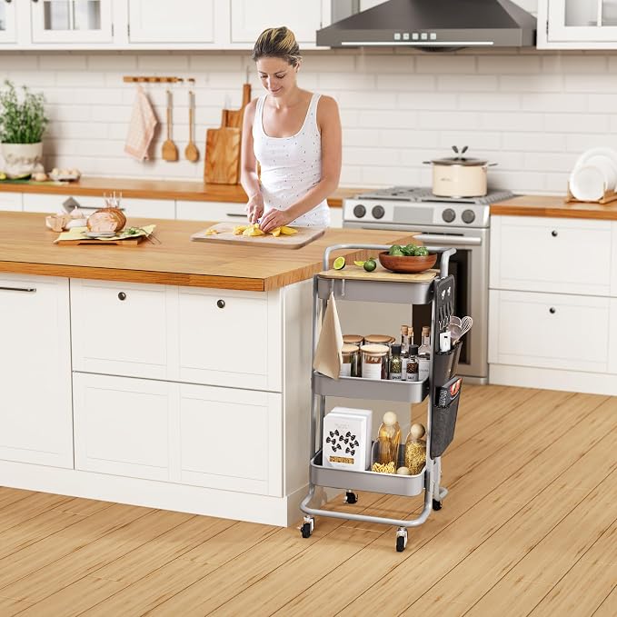 DTK 3-Tier Rolling Cart with Table Top, Metal Utility Cart with Side Bags | Tray Storage Organizer, Lockable Wheels, 4 Hooks, Art Cart for Kitchen, Bathroom, Office, Craft room, Living room,Grey - Image 6