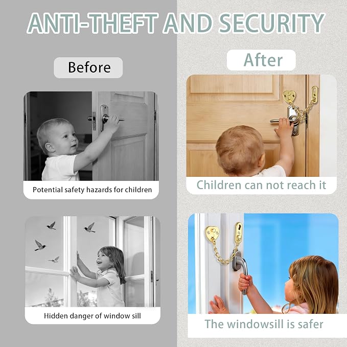 Alise Door Chain Lock, Gold Adjustable Child Proof Security Door Lock for Apartment | Stainless Steel Chain Door Lock,Heart-Shaped Design Press-To-Unlock, Heavy Duty Chain Lock For Bedroom & Travel - Image 6