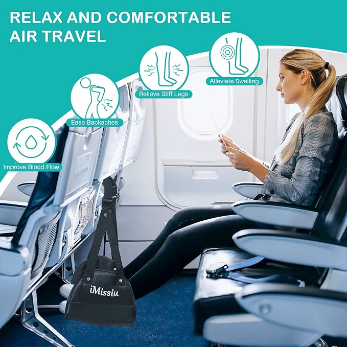 Airplane Foot Hammock | Adjustable Travel Footrest with Memory Foam | Portable Footrest Under Desk for Work Or Travel Relaxation | Comfortable Flight Carry-on Foot Rest - Black - Image 4