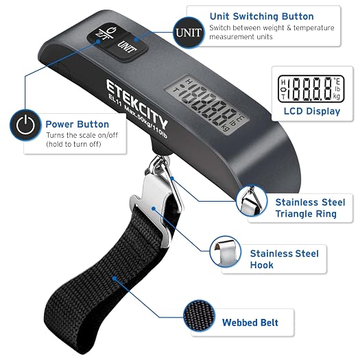 Etekcity Luggage Scale, Digital Suitcase Weight Scale for Travel, 110 lb | Travel Essentials, Air Travel, Suitcase, Hanging Hook, Rubber Grip, Battery Included, Easy-to-Read Display - Image 6