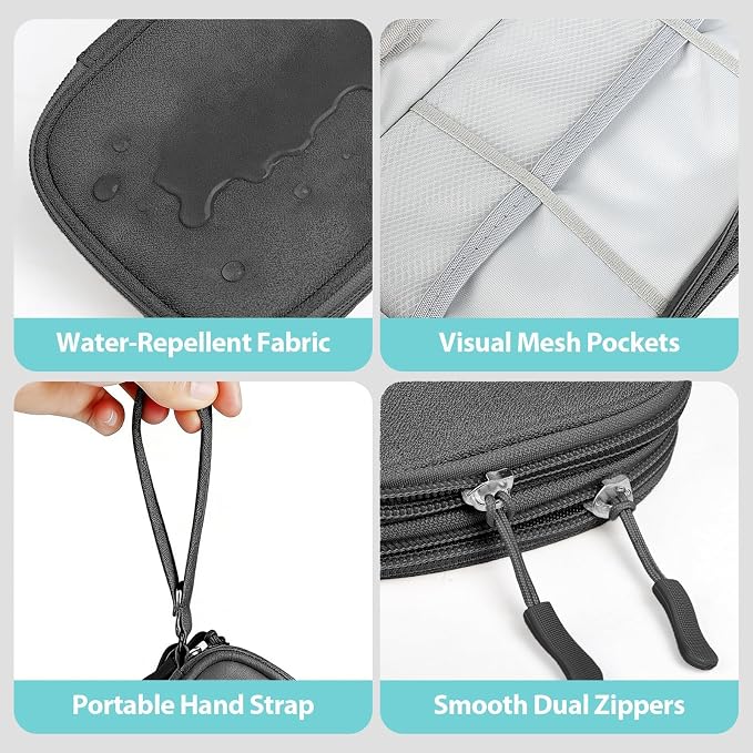 Double Layer Electronics Organizer, Tech Pouch, Dark Gray | Water-resistant Oxford fabric with padded lining. 8 compartments keep 3ft+ cords tangle-free. Includes 8 cable ties. - Image 4