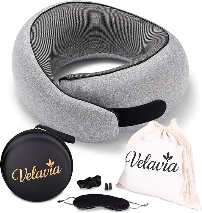 Travel Neck Pillow,Ergonomic 360° Memory Foam Support for Head, Neck. Adjustable for Long Flights. Soft &Washable Cover, EVA Box, 3D Eye Mask, Earplugs, Hair Tie & Luxury Bag (Grey) by YourfavoriteTravelpillow