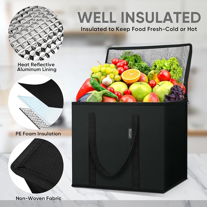 BALEINE 1Pk Insulated Reusable Grocery Bags, Collapsible Cooler Bag for Groceries, Heavy Duty Large Insulated Bag (16''x9''x13'', Charcoal Black) - Image 3