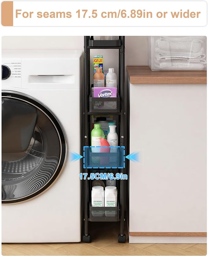 UMDONX 4-Tier Narrow Mobile Storage Cart with Pull-Out Baskets | The Multifunctional Pull-out Storage Rack Is Suitable for Bathrooms, Kitchens, and Laundry Rooms - Image 5