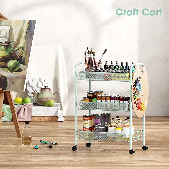 TOOLF 3 Tier Rolling Cart, Metal Utility Storage Cart with Wheels, Green | 3 Hooks, Screwless Assembly, Trolley Organizer for Bathroom, Kitchen, Office, Nursery, Dorm, Laundry Room - Image 7