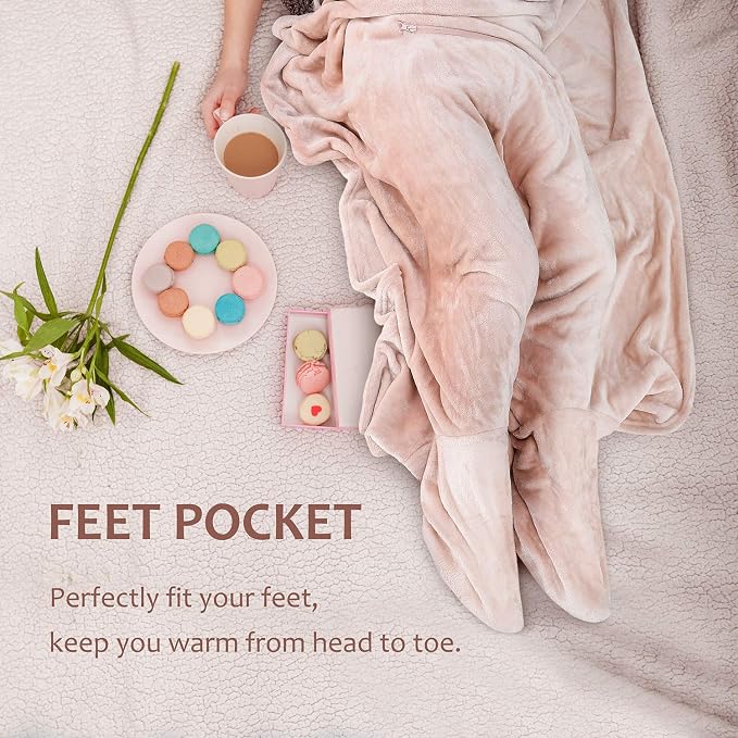 Tirrinia Travel Blanket Pillow - Wearable Airplane Blanket with Feet Pockets for Long Flights, Airplane Accessories Blanket Robe for Women and Men, Gift for Her - Image 4