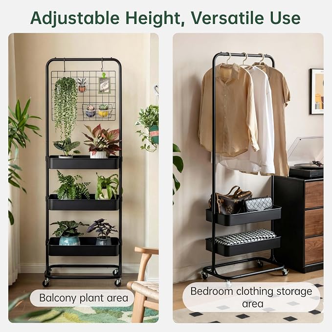 Tall 3 Tier Rolling Cart, Metal Storage Rack with Wheels for Indoor Spaces | Rust-resistant steel frame with adjustable tiers, locking wheels and 50 lbs shelves for flexible indoor organization. - Image 4