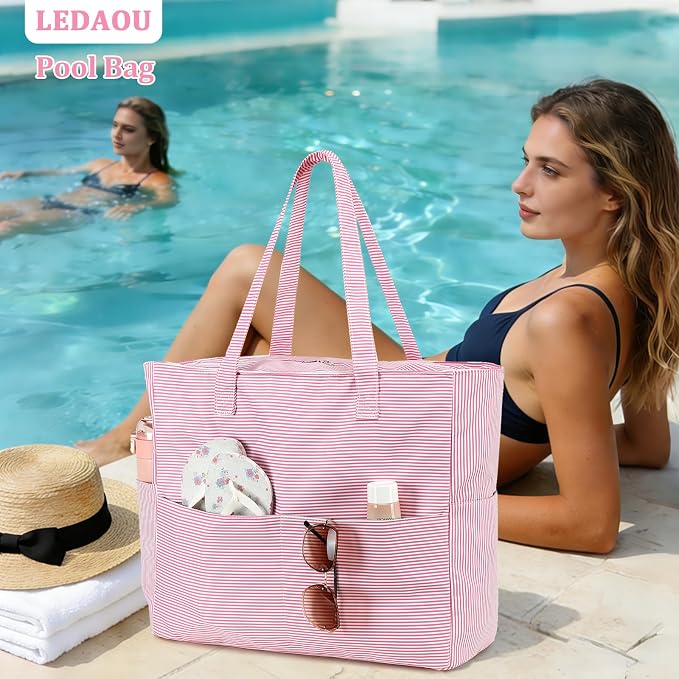 LEDAOU Beach Bag Waterproof Sandproof Women Beach Tote Pool Bag with Zipper for Swim Gym Grocery Travel with Wet Pocket | Sandproof - Image 3