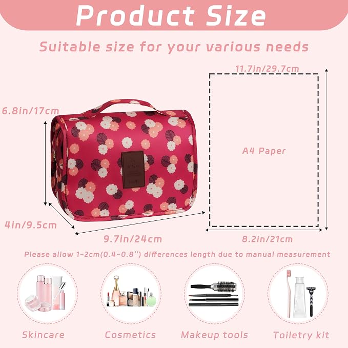 Toiletry Bag Travel Bag with Hanging Hook,Wine Red FLower | Waterproof Small Capacity Hanging Makeup Bag for Toiletries, Portable Cosmetic Bag Travel Organizer for Women Men - Image 2