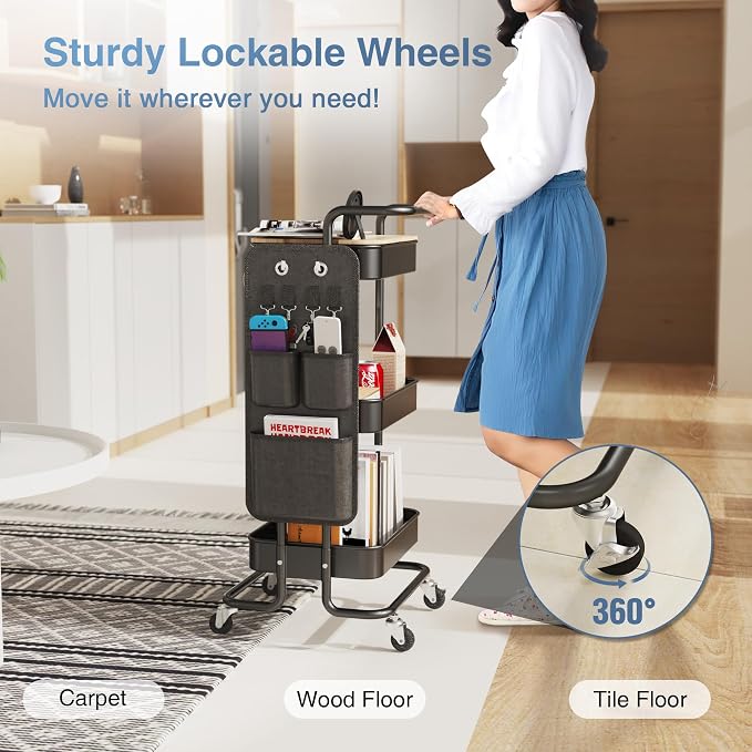 DTK 3 Tier Metal Utility Rolling Cart with Table Top and Side Bags, Tray Storage Organizer Wheels, Art Craft 4 Hooks for Kitchen Bathroom Office Living Room (Black) - Image 4