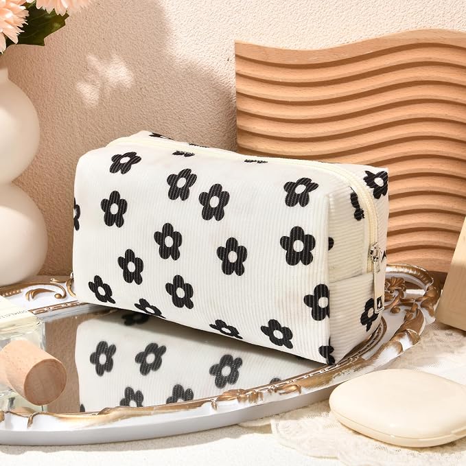 SOIDRAM 2 Pcs Makeup Bag Large Cosmetic Bag Toiletry Bag Makeup Pouch Travel Bag Organizer Cute Makeup Brushes Aesthetic Accessories Storage Bag for Women Black Floral Corduroy - Image 2