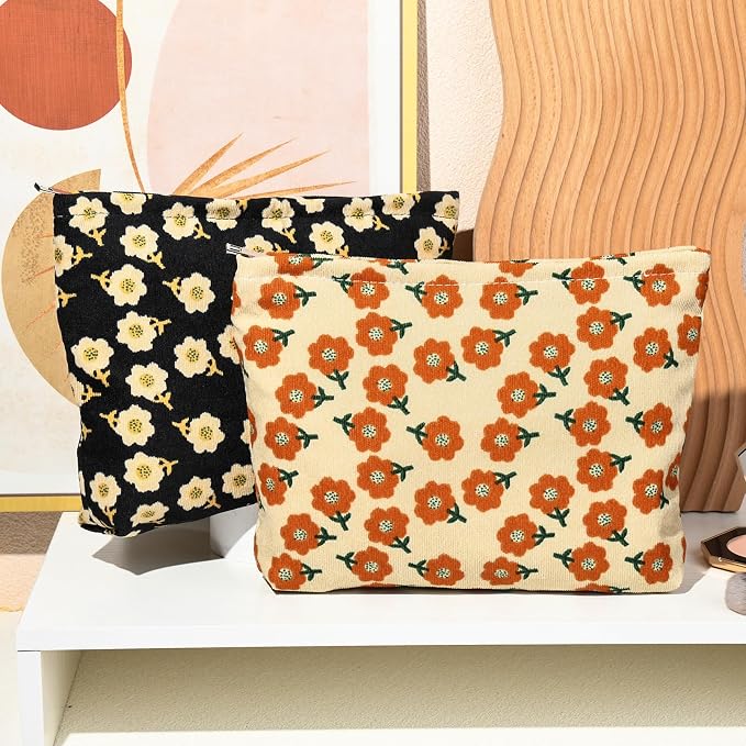 SOIDRAM 2 Pieces Flower Makeup Bag Large Corduroy Cosmetic Bag Capacity Canvas Travel Toiletry Bag Organizer Cute Makeup Brushes Aesthetic Accessories Storage Bag for Women, Flower L Orang Black - Image 6