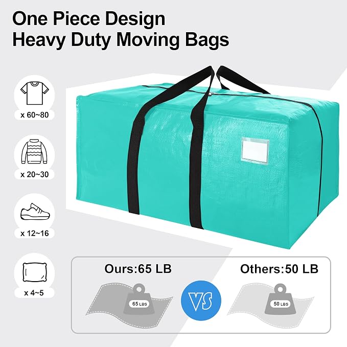 VELVETSURE 12 Pack Heavy Duty Large Moving Bags W/Backpack Straps - Strong Handles & Zippers, Storage Totes For Space Saving, Fold Flat, Alternative to Moving Box and Storage Bin, Aquamarine - Image 5