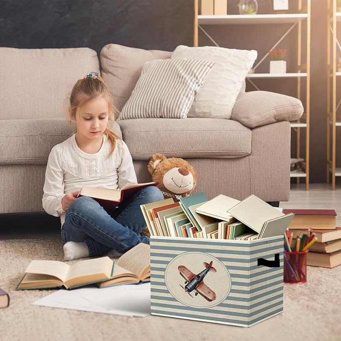 Rustic Airplane Storage Bins Boxes with Handles | toys books clothes, blue striped nursery foldable basket for organizing bedroom toddler room playroom - Image 5