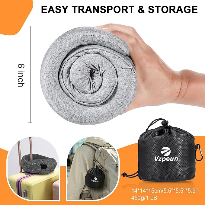 Travel Pillow - Hooded Neck Pillow Airplane Memory Foam Filling | for Plane, Office, Cars Sleeping, Road Trip, Long Flights Essentials, Includes Eye Mask & Earplugs (Light Gray) - Image 6