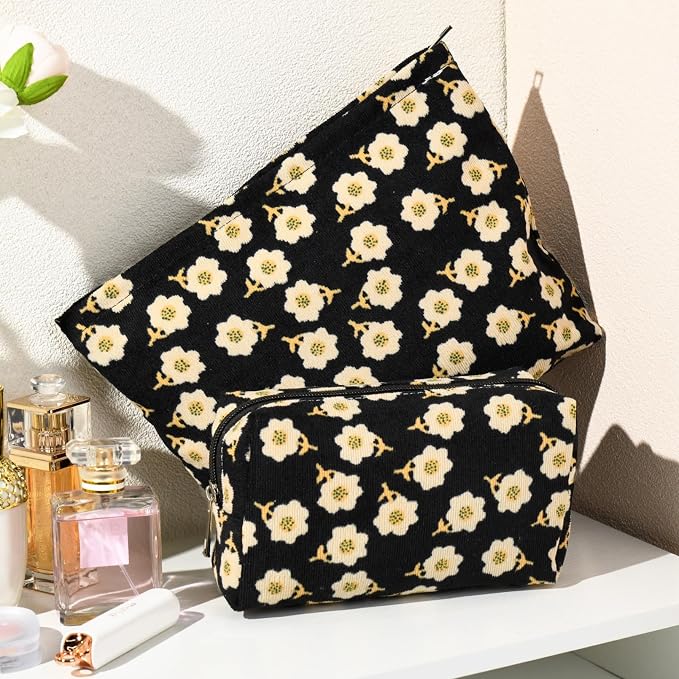 SOIDRAM 2 Pieces Flower Makeup Bag Large Cosmetic Bag Capacity Canvas Mix Travel Toiletry Bag Organizer Cute Makeup Brushes Aesthetic Accessories Storage Bag for Women, Flower Mix Black - Image 7
