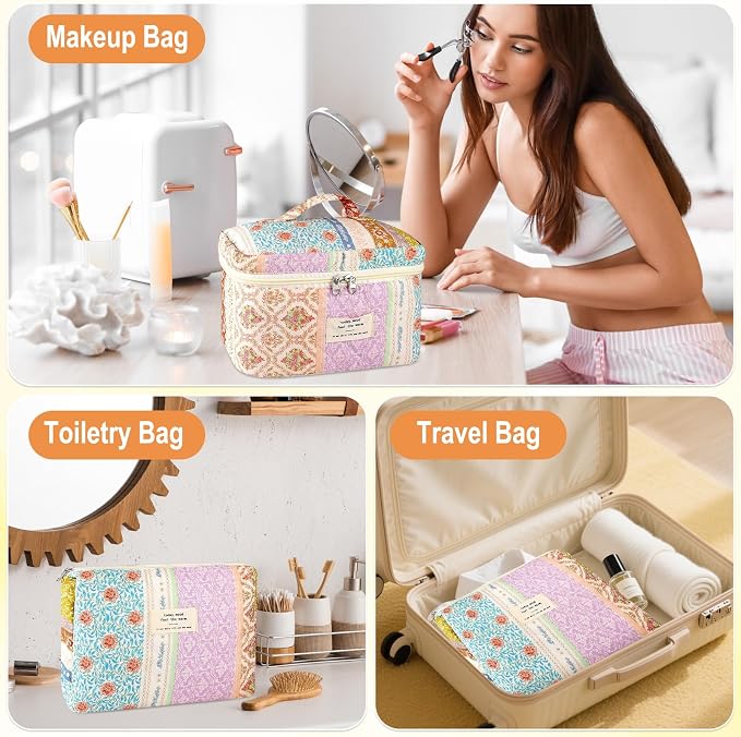 URSKYTOUS 3Pc Cotton Quilted Makeup Bags for Women Large Small Coquette Floral Travel Cosmetic Bag Set Aesthetic Cute Flower Makeup Pouch Portable Toiletry Bag Puffy Essential Storage Organizer Bag - Image 4