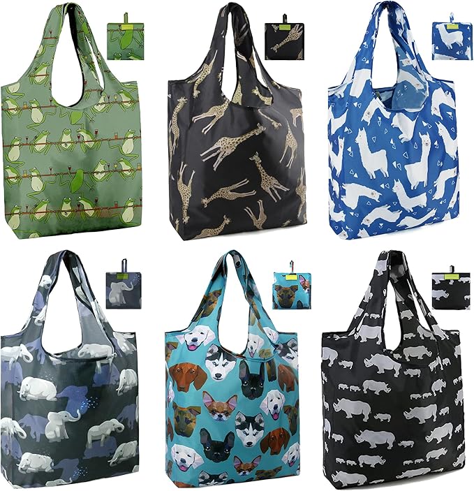 BeeGreen Animal Reusable Shopping Bags Cute Grocery Bag 6 Pack, Christmas Gift Bags Heavy-Duty Foldable Shopping Totes for Supermarket, Work & Travel, Large Washable Polyester Tote Bag with Handles by BeeGreen