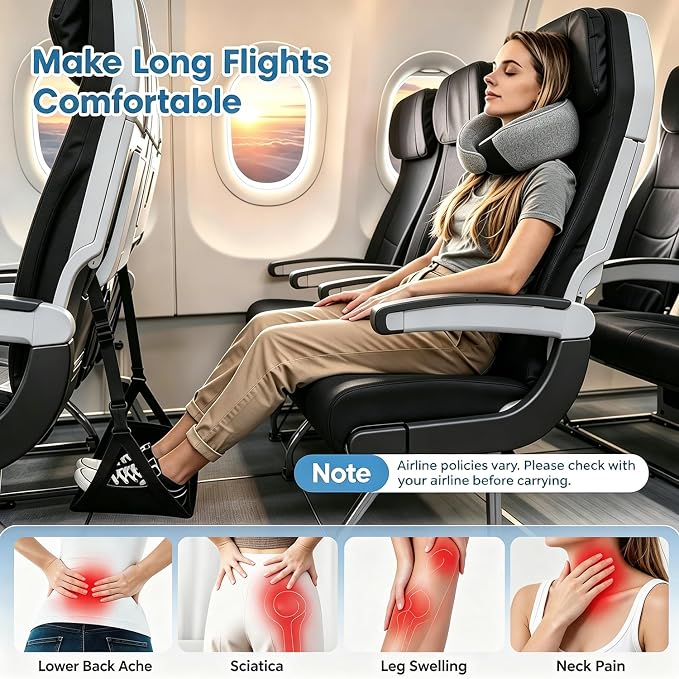 Ergonomic Airplane Pillow and Airplane Foot Hammock, Ultra Portable Neck Pillow with 360° Head Support, Portable Travel Foot Rest with Adjustable Strap, Includes Eye Mask & Ear Plugs, for Flight, Car - Image 2