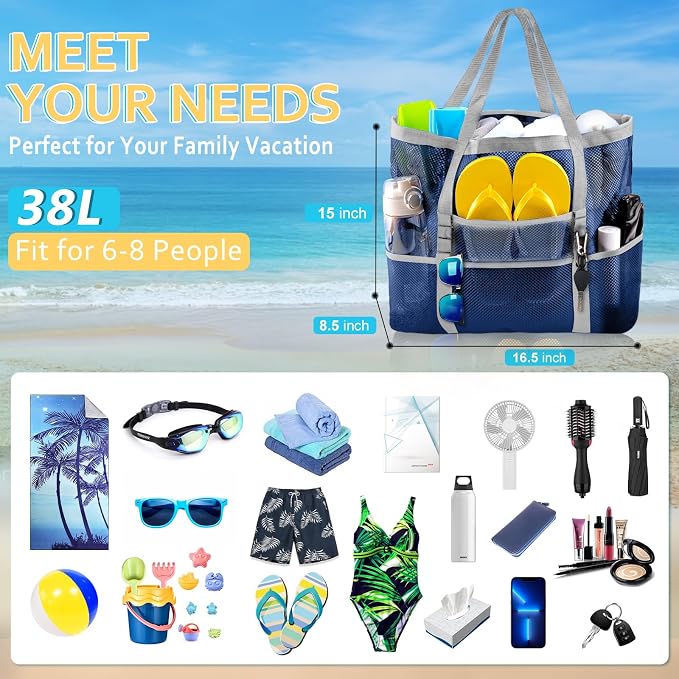 SRISE Mesh Beach Bag - Large Beach Tote Bag for Family Beach Bag for Toys & Vacation Essentials - Image 2