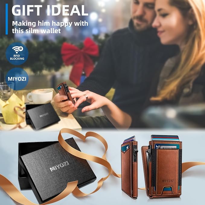 Wallet for Men, Slim Pop Up Card Holder - RFID Blocking Minimalist Bifold Wallet with ID Window, Holds 9-11 Cards & Stretchable Strap, Metal Flip Case with Magnetic Closure, Gift Box - Image 7