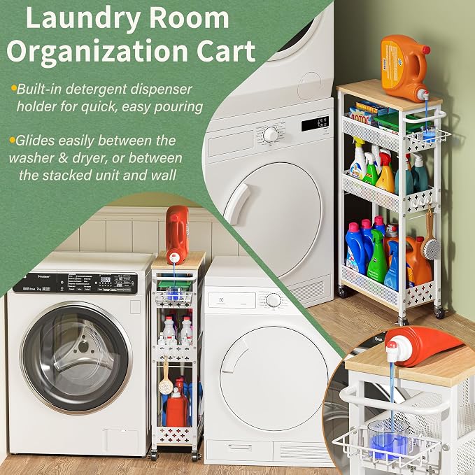OKZEST Slim Laundry Room Organization Cart with Detergent Dispenser Holder | Holds tall bottles, Upgraded metal hub casters, 4-Tier space-saving narrow rolling cart, Premium wood & metal mesh shelves - Image 2